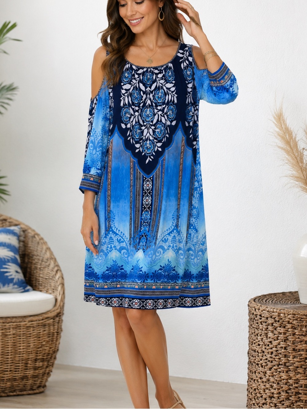 Hale Bob Blue Cold Shoulder Floral Print Jersey Shift Dress Size L Stretch